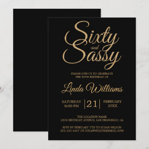 60 och Sassy Black Guld 60:e Födelsedagsfesten Inbjudningar
