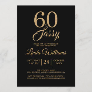 60 och Sassy Black Guld 60:e Födelsedagsfesten Inbjudningar