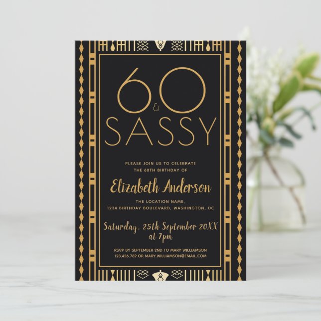60 och Sassy Black Guld Art Deco 60-årsdagen  Inbjudningar (Stående Fram)