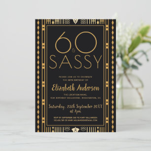 60 och Sassy Black Guld Art Deco 60-årsdagen Inbjudningar