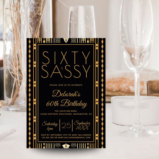 60 och Sassy Black Guld Elgant Roaring 20:e 60:e Inbjudningar (Skapare uppladdad)