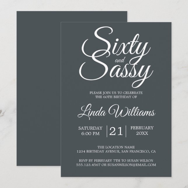 60 och Sassy Black White Chic 60:e Födelsedagsfest Inbjudningar (Fram/baksida)