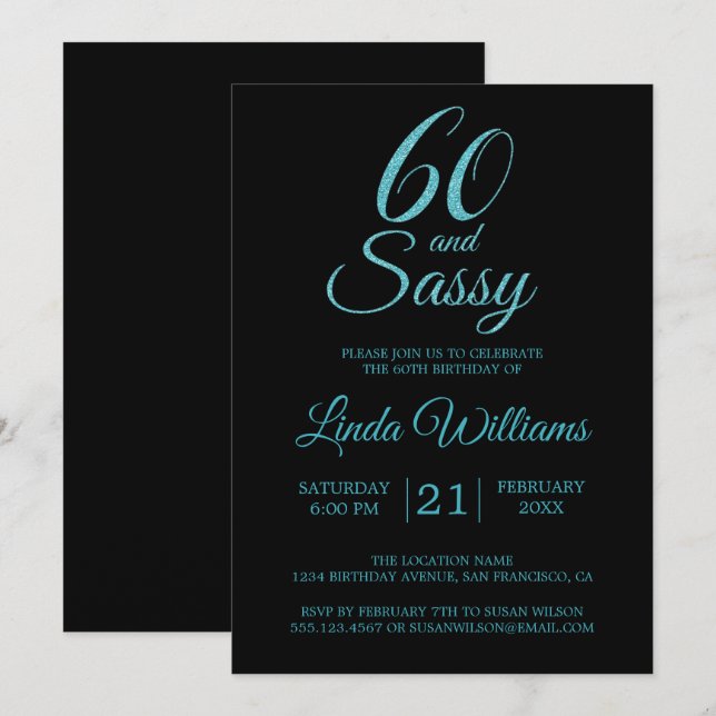60 och Sassy Blue Glitter 60:e Födelsedagsfesten Inbjudningar (Fram/baksida)