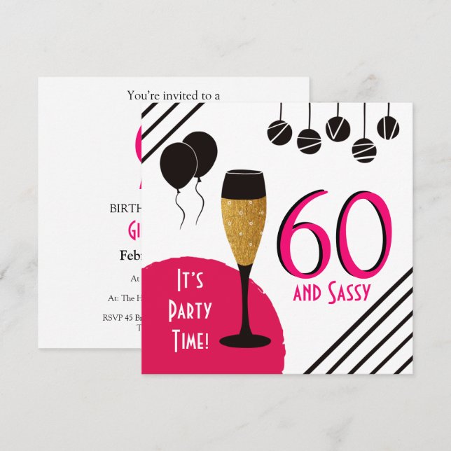 60 och Sassy Födelsedagsfest Champagne Flute Inbjudningar (Fram/baksida)