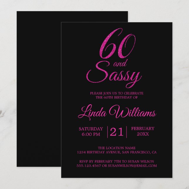 60 och Sassy födelsedagsfest för rosaglitter 60th Inbjudningar (Fram/baksida)