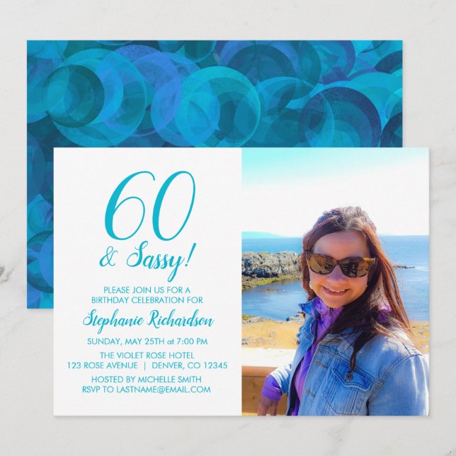60 och sassy Ocean Blue Teal Namn Photo Birthday Inbjudningar (Fram/baksida)