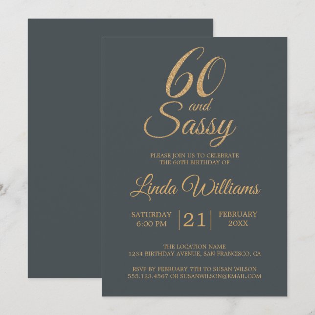 60 och Sassy Off-Black Guld 60:e Födelsedagsfesten Inbjudningar (Fram/baksida)
