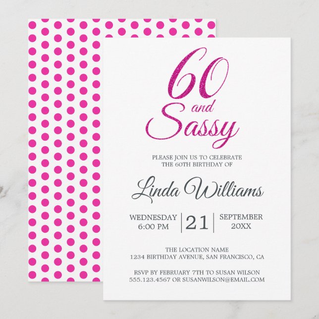 60 och Sassy Rosa Glitter 60:e Födelsedagsfesten Inbjudningar (Fram/baksida)