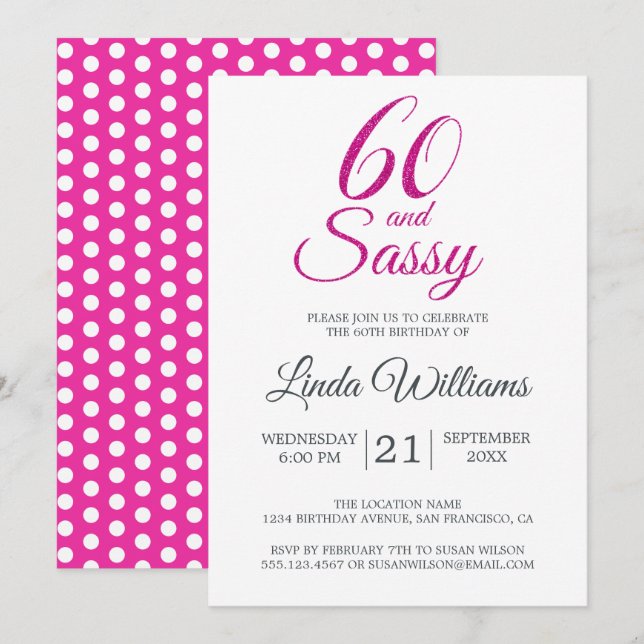 60 och Sassy Rosa Glitter 60:e Födelsedagsfesten Inbjudningar (Fram/baksida)