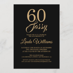 60 och Sassy svart födelsedagsfest för guld 60th Inbjudningar