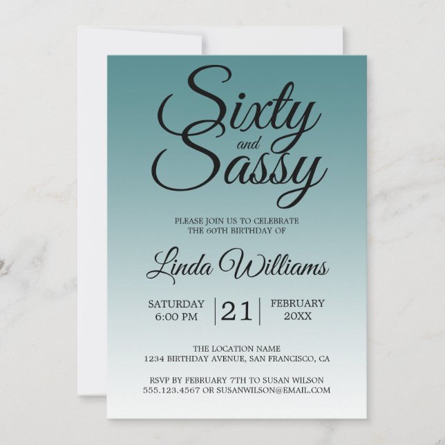 60 och Sassy Teal Ombre 60:e födelsedagen Inbjudningar (Framsida)