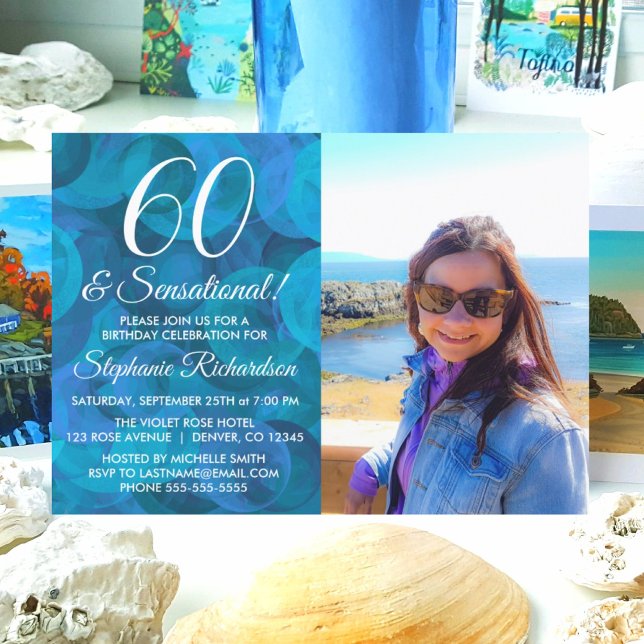 60 och Sensational Ocean Blue Photo Birthday Inbjudningar (Skapare uppladdad)