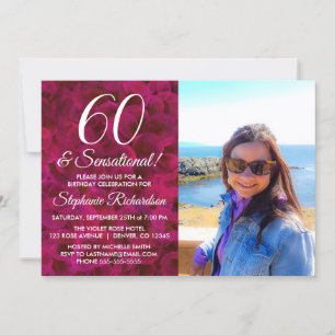 60 och Sensational Röd ros Photo Birthday Inbjudningar