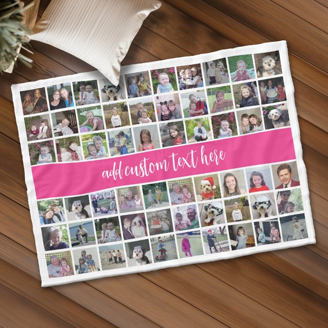 60 Photo Collage Grid - Script Text - shock rosa Fleecefilt (Custom Fleece Blanket - Add Photos and Text)
