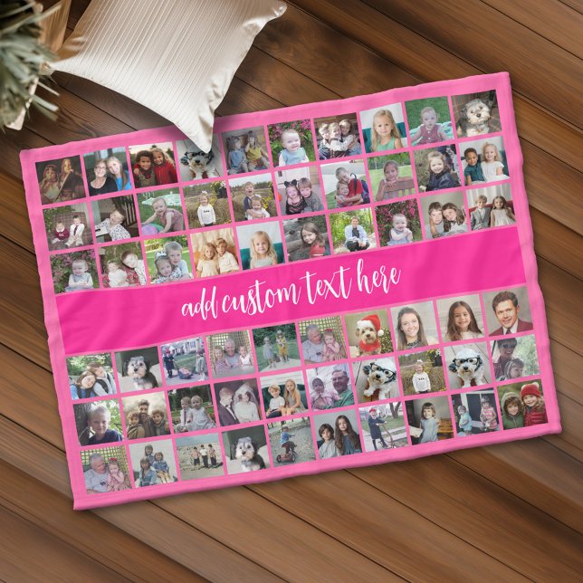 60 Photo Collage Grid - Script Text - shock rosa Fleecefilt (Custom Fleece Blanket - Add Photos and Text)