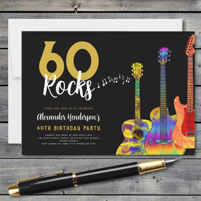 60 Rocks Gitarr 60-årsfest Inbjudningar (Rock and roll 60th birthday party black and gold invitation 60 Rocks funky psychedelic guitars)