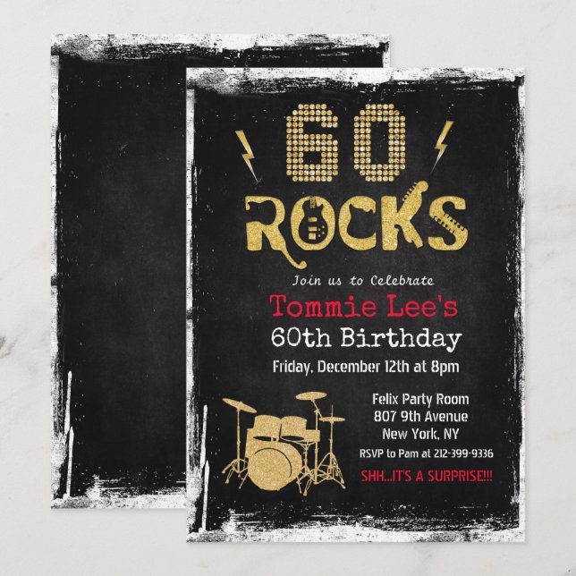60 Rocks Rockstar Gitarr 60-års inbjudan (Fram/baksida)
