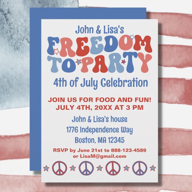 60-talets Retro Groovy 4:e juli Freedom Party Inbjudningar (Your 4th of July party will be a hit with this groovy "freedom to party" invitation.)