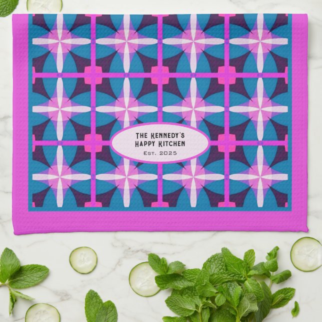 60-talets Rosa Abstrakt Blue Blommigt Kaleidoscope Kökshandduk (Vikta)