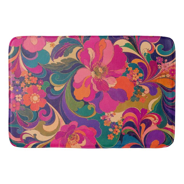 60-tals Psychedeliska Blommiga Lyxiga Ädelstensfär Badrumsmatta (Framsidan)