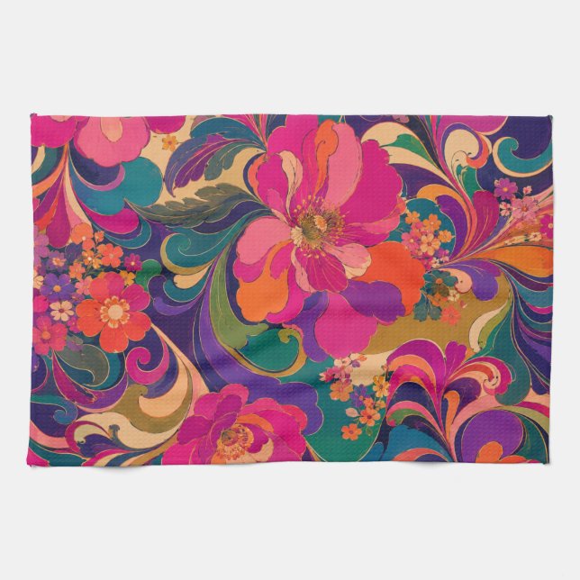 60-tals Psychedeliska Blommiga Lyxiga Ädelstensfär Kökshandduk (Horisontell)