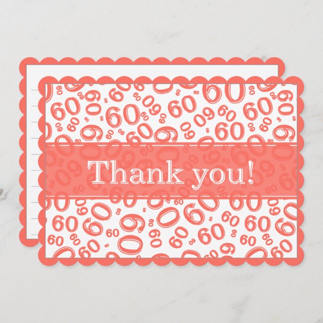 60 "Thank you!" Coral/White Number Pattern Tack Kort (Fram/baksida)