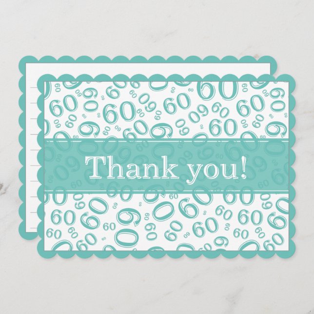 60 "Thank you!" Teal/White Number Pattern Tack Kort (Fram/baksida)