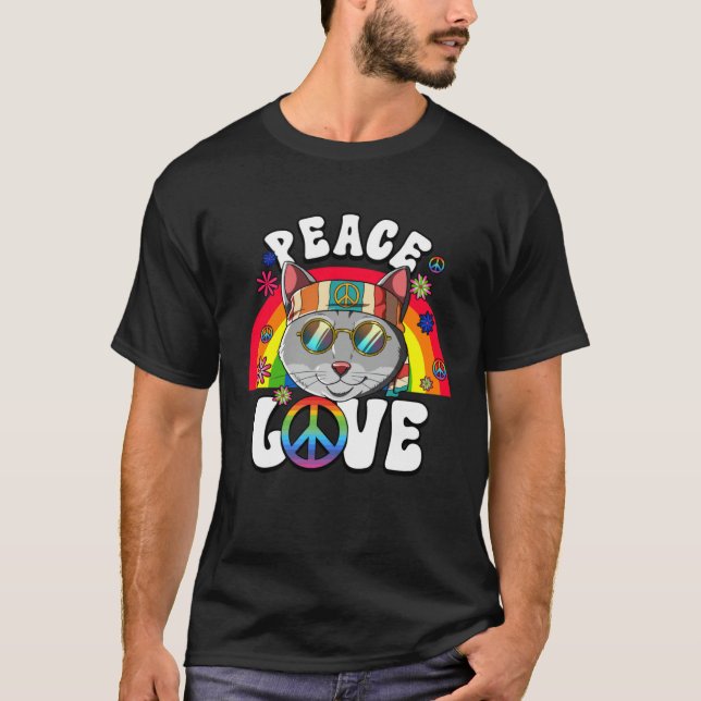 60s 70s Costume Peace Love Hippie Cat T Shirt (Framsida)