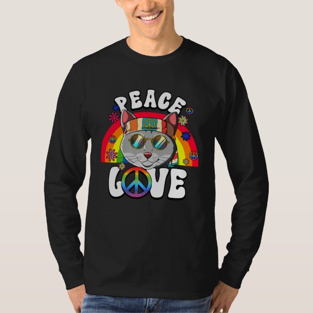 60s 70s Costume Peace Love Hippie Cat T Shirt (Framsida)