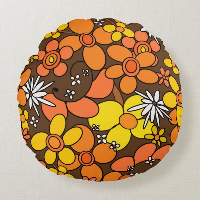 60s 70s Retro Flower Glam #1 #blommigt #decor #art Rund Kudde (Framsidan)