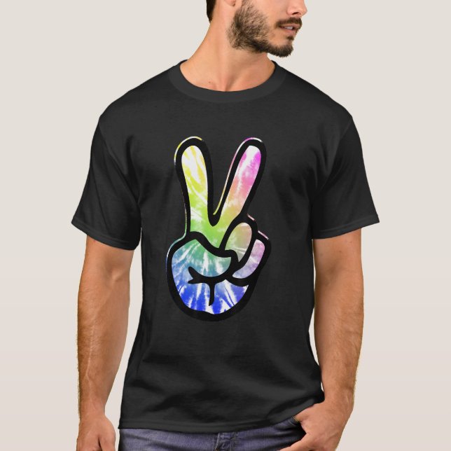 60s 70s Tie Dye Peace Hand Sign   Hippie 1 T Shirt (Framsida)