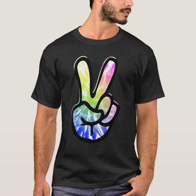 60s 70s Tie Dye Peace Hand Sign   Hippie T Shirt (Framsida)