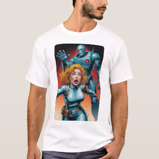 60s Comic Style Woman running from Alien Robot T Shirt