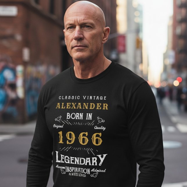 60th Birthday 1966 Add Name Black Gold Legendary T Shirt (Born 1966 birthday long sleeve T-shirt. Background out of focus.)