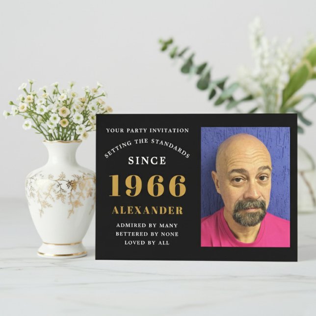 60th Birthday 1966 Black Gold Personalized Photo Inbjudningar (1966 birthday invitation. White background with flowers.)