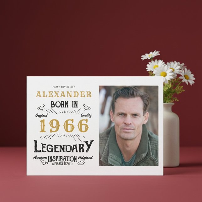 60th Birthday 1966 Legend White & Gold Photo Inbjudningar (Born 1966 birthday invitation.)