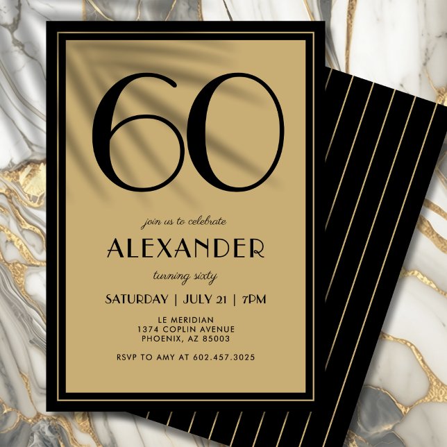 60th Birthday Adult Black and Gold Modern Minimal  Inbjudningar (Black and gold elegance—modern typography with a touch of luxury.)