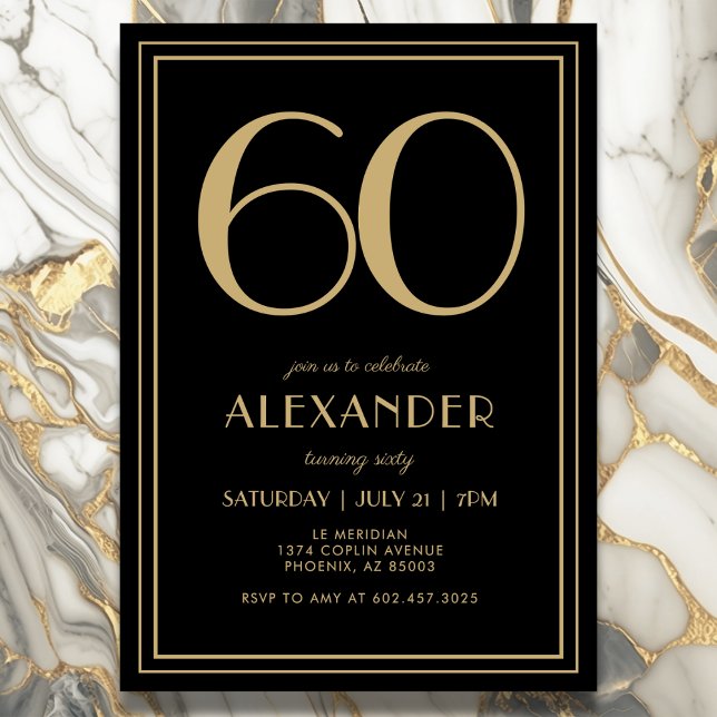 60th Birthday Black and Gold Modern Minimal Adult Inbjudningar (Elegant black and gold 30th birthday invitation design for him or her.)