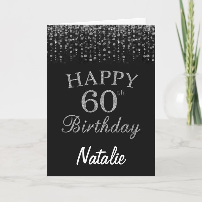 60th Birthday Black and Silver Glitter Card Kort (Framsida)