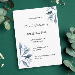 60th birthday blue white botanical invitation vykort<br><div class="desc">An elegant and simple 60th birthday party invite. On front a chic white background decorated with blue botanical branches, florals. Templates for a name, age 60 and your party details. Back: classic blue background color. Tip: If you don't want it to look like a postcard, click customize, go to the...</div>