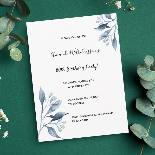 60th birthday blue white botanical invitation vykort (Skapare uppladdad)