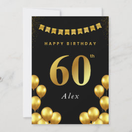60th Birthday Card Black and Gold Balloons Kort