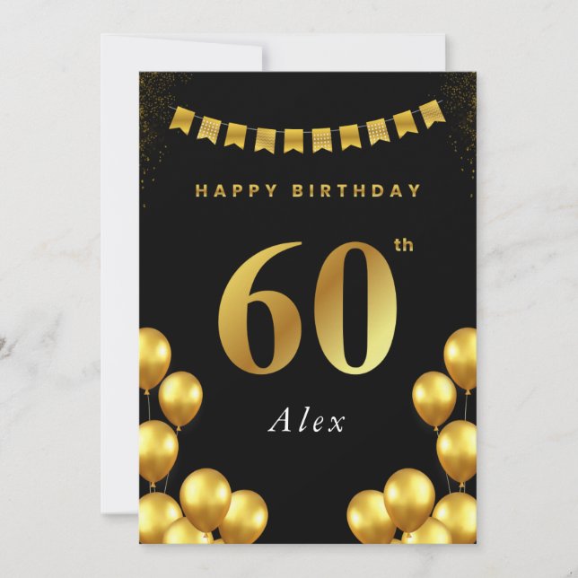 60th Birthday Card Black and Gold Balloons Kort (Framsida)