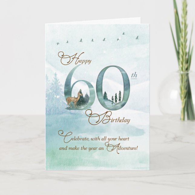 60th Birthday Evergreen Pines and Deer Nature Kort (Framsida)