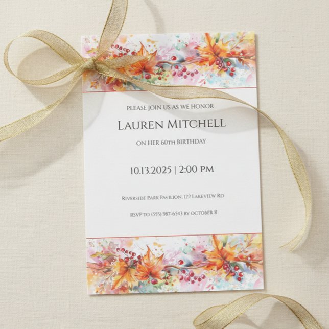 60th Birthday Fall Leaves and Gold Celebration Inbjudningar (Elegant autumn leaves 60th birthday invitation design)