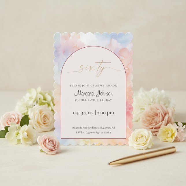 60th Birthday Invitation | Pastel Watercolor Gold  Inbjudningar (Elegant pastel watercolor 60th birthday invitation with gold script text and floral background)