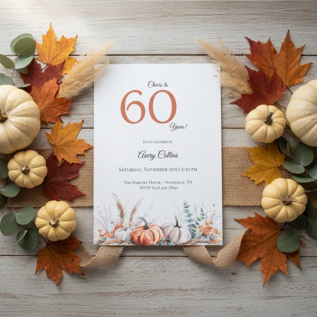 60th Birthday Invitation Pumpkin Floral Fall Inbjudningar (Pumpkin floral fall watercolor 60th birthday invitation design)