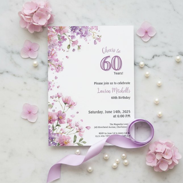 60th Birthday Invitation Purple Floral Elegant Inbjudningar (Purple floral watercolor 60th birthday invitation with elegant feminine design)