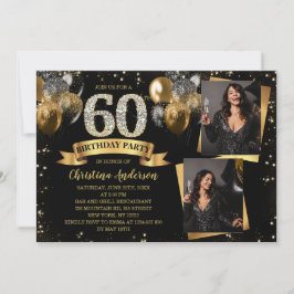 60th Birthday Modern Gold Glitter Balloons 2 Photo Inbjudningar