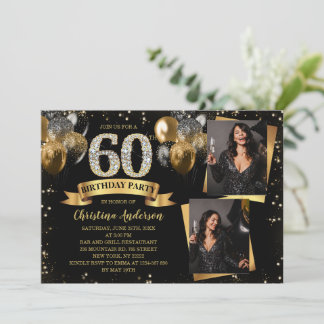 60th Birthday Modern Gold Glitter Balloons 2 Photo Inbjudningar
